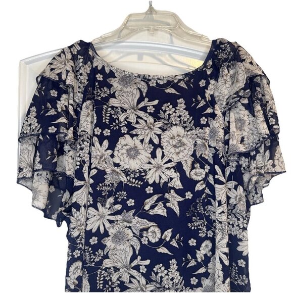Joie de Vivre Blue Beige Floral Sheer Lined Flowy Flutter Sleeve Blouse Top 2X - Picture 4 of 9